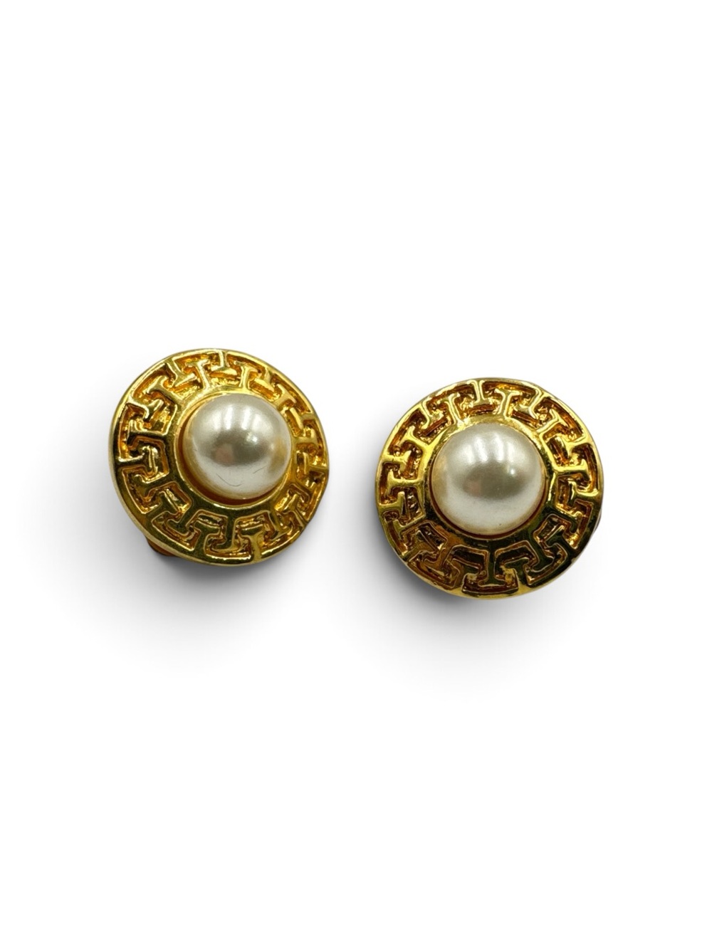 Vintage Gold Tone Greek Key Faux Pearl Clip On Earrings Round Statement